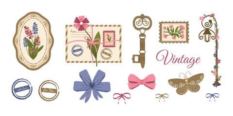 A trendy vintage flirty set. Vector elements for invitations, greeting cards, and more with bows and ribbons.