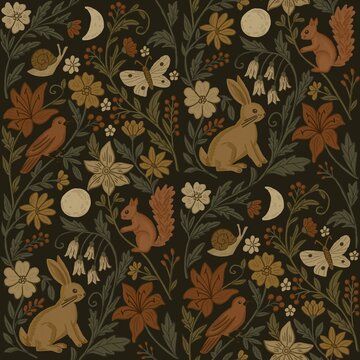 Seamless woodland pattern with rabbits, squirrels, birds, flowers, snails, and moons on a dark background