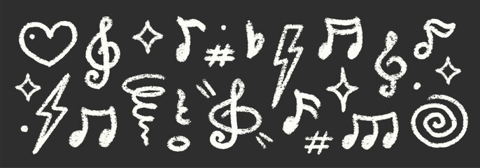 Chalk Blackboard Musical Notes Vector Set. Crayon Scribble Music Symbol Shapes Collection White Color Hand Drawn Brush Texture Treble Clef Pencil Emphasis Elements. Charcoal Doodle Audio Icons Bundle
