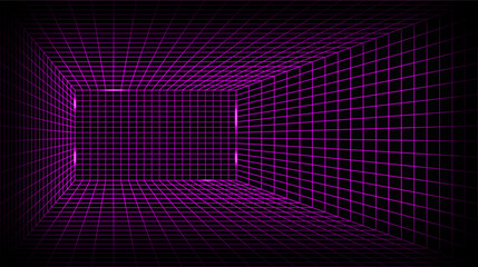 Cyberpunk Grid Room Glowing Line Background. 3D Game Neon Wireframe Space Digital Vector Texture Perspective Tunnel. Retro Futuristic Virtual Techno Landscape. Cyberspace Abstract Matrix VR Wallpaper
