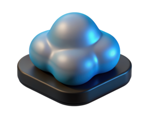 Cloud computing icon metallic style cloud over platform object symbol isolated shiny surface3d illustration isolated on transparent background