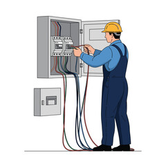 An electrician is carefully working on an electrical panel and its wires.