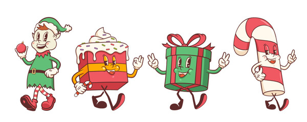 Groovy Christmas Retro Characters Set. Cartoon Decorative Candy Cane, Elf, Gift Box and Cake Vector Winter Holiday Mascot Templates. Happy Vintage Cool New Year Illustrations Collection Isolated