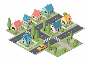 Isometric map of a city neighborhood with streets, cars, houses, and trees, representing navigation, real estate, and community plan