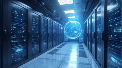 Seamless motion through a modern server room, showcasing network hardware and futuristic interface - Powered by Adobe