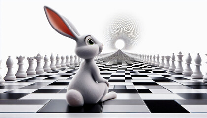 A rabbit sitting on a chessboard stretching into infinity.