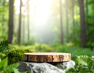 Wooden disc on a rock in a forest