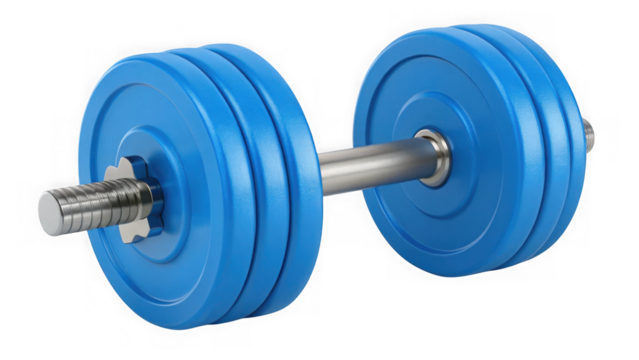 Blue dumbbell with weight plates isolated on transparent background