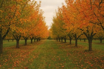 Fototapeta premium Vibrant autumn orchard landscape view.