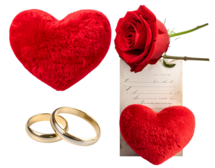Firefly_Set of A plush red heart pillow with a pair of gold wedding rings and a love note on