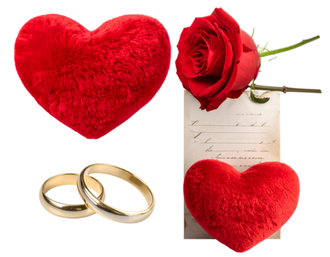 Firefly_Set of A plush red heart pillow with a pair of gold wedding rings and a love note on