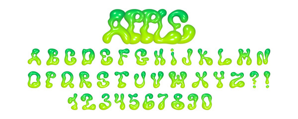 Wavy 3D font featuring liquid letters and numbers with a glossy reflective texture creates a vibrant visual display perfect for creative designs