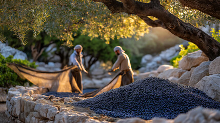 Workers harvesting olives in Mediterranean grove spread nets tumbling black fruit curving stone wall rustling warm breeze. Vibrant photo with olive textures net weaves