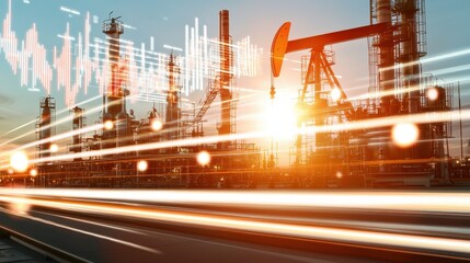 A dynamic industrial scene depicting oil refinery structures against a vibrant sunset, enhanced by visual data elements representing energy and technology.
