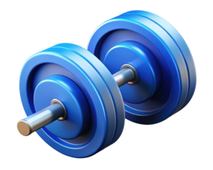 Glossy blue dumbbell for strength training fitness and exercise equipment 3d illustration isolated on transparent background