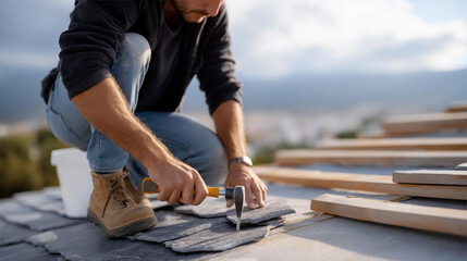 Roofer repairing tile roof after storm slipping boots cracked loose tiles. Scratched pry bar lifting dented bucket with replacements scuffed ladder. Rugged photo with tile edge