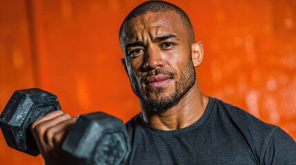 Focused muscular man lifting dumbbell in gym with orange background, intense workout strength concept