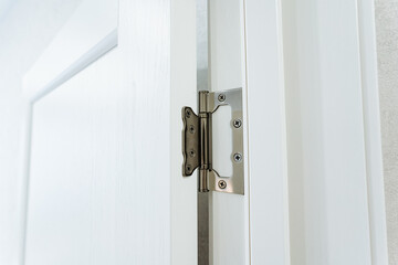 This image features a detailed closeup view of a door hinge attached to a white door, showcasing the intricate design and functionality of this essential household hardware component