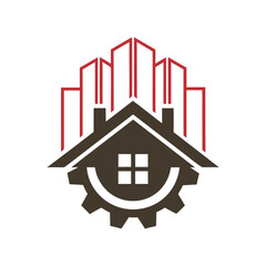 Brown house roof with gear and red building outlines logo vector