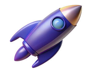 Glossy purple rocket ship with golden tip on a backdrop3d illustration isolated on transparent background