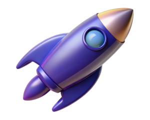 Glossy purple rocket ship with golden tip on a backdrop3d illustration isolated on transparent background