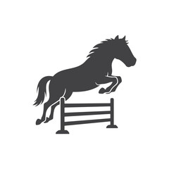 Horse is jumping over a hurdle fence silhouette, the horse is in midair, poised for the jump.