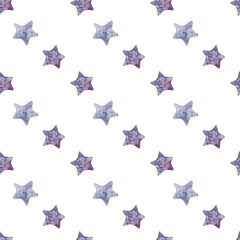 Minimalist seamless pattern with stars. Hand drawn watercolor illustration with blue and purple stars on white background.