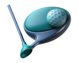 Golf club and ball in blue tones sleek design stylish render 3d illustration isolated on transparent background