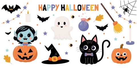 Cute Halloween Clipart Set. Kids Halloween Illustrations. Ghost, Cat, Pumpkins & Bats