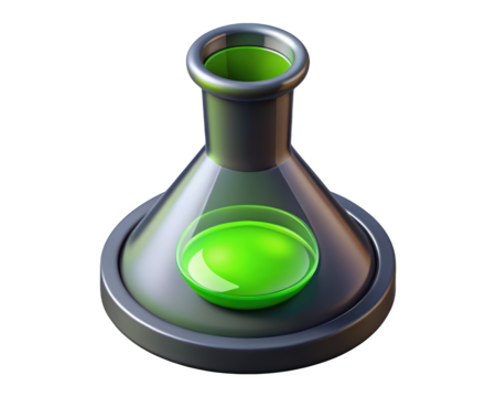 Green liquid in a flask,science experiment,chemical research,lab equipment 3d illustration isolated on transparent background