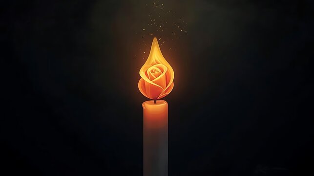 A single white candle burns brightly in the darkness, its flame artfully shaped like a blooming rose with delicate petals. - Powered by Adobe