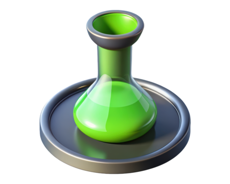 Green liquid in beaker metallic base toxic potion alchemy science experiment laboratory equipment 3d illustration isolated on transparent background