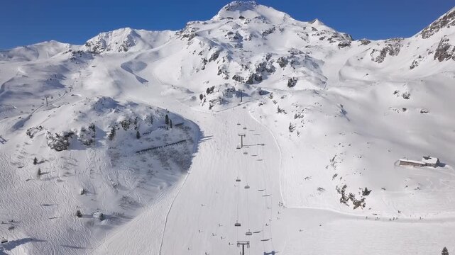 Aerial view of skiers on ski slopes Obertauern, Salzburger Land of Austria.