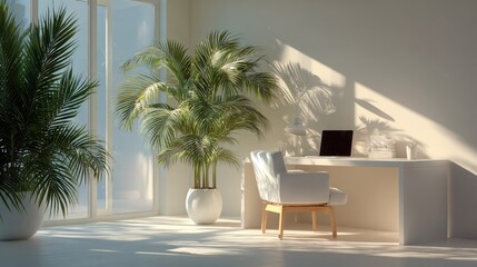 Fototapeta premium Minimal home office with white furniture and tropical indoor plants