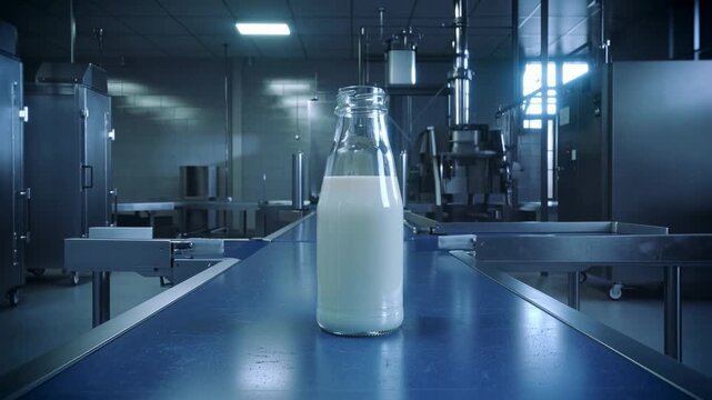 Glass milk bottle factory conveyor with fresh dairy production, sterile glass bottle clean production line, cool industrial lighting and calm