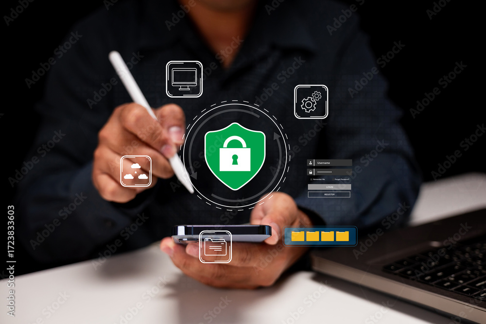 Poster a person uses a stylus on a smartphone, surrounded by security icons, emphasizing digital security a