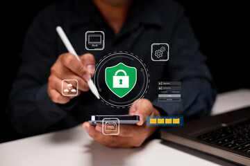 A person uses a stylus on a smartphone, surrounded by security icons, emphasizing digital security and technology.