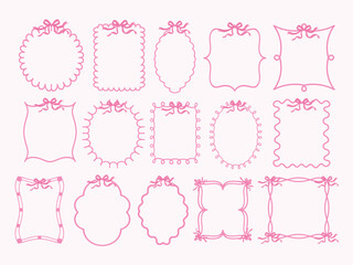 Pink coquette frame with wavy line, bow and ribbon. Cute hand drawn girly coquette for decoration, greeting, wedding and prints	