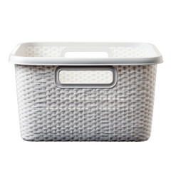 Empty white textured decorative plastic storage bin with lid for home organization and storage solutions