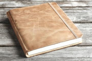A rustic, leather-bound journal rests on a weathered wooden surface, exuding a sense of craftsmanship and timeless appeal.