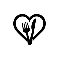 Heart outline with fork and knife representing love for food, dining, and culinary experiences.