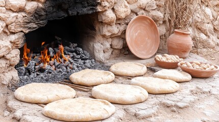 Traditional bread being baked in a stone oven with firewood, alongside clay pots and baked goods, showcasing an ancient cooking method.