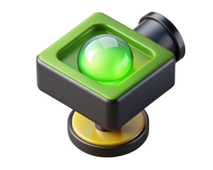 Isometric toggle switch with green glowing sphere design and yellow base 3d illustration isolated on transparent background