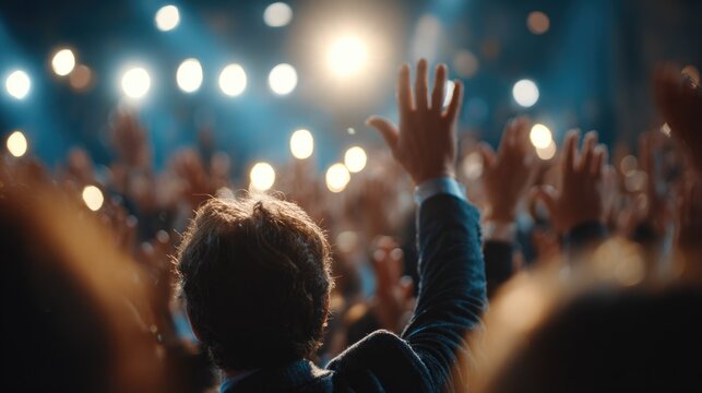 Confident Speaker Raising Hand in Front of Enthusiastic Audience