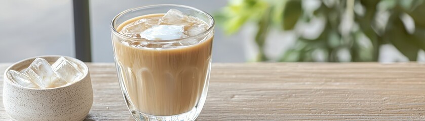 A refreshing iced coffee drink served in a glass with ice cubes, accompanied by a small bowl of additional ice, set against a natural backdrop.