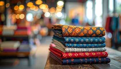 Stack of patterned fabrics on a wooden table
