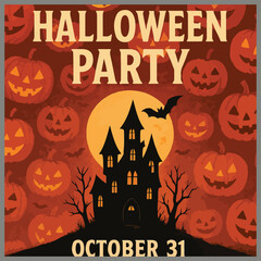 Animated Halloween flyer with glowing pumpkins, bats, haunted house, eerie fog, and text placeholder. Perfect for party promotion.