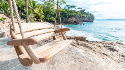 A serene wooden swing by the ocean, surrounded by lush greenery and the calming sound of waves, perfect for relaxation and enjoying nature.