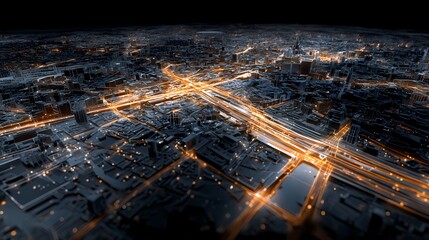 Obraz premium Futuristic Glowing Smart City Map with Orange Light Trails