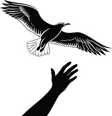 Silhouette of a hand reaching out with a bird flying above it
